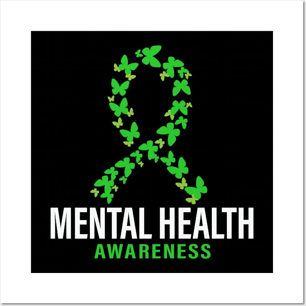 Mental Health Awareness Month Green Butterflies Wall Art by TeeShirt_Expressive